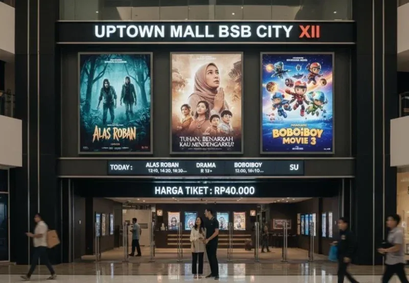 Suasana lobi dan Jadwal Bioskop Uptown Mall BSB City XXI Semarang