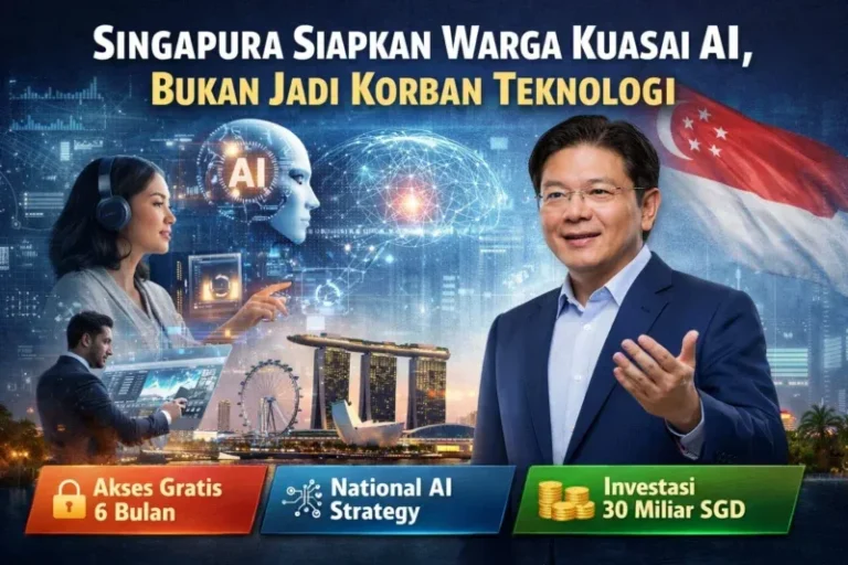 Ilustrasi program AI Singapura menampilkan Lawrence Wong, teknologi kecerdasan buatan, dan latar skyline Singapura.