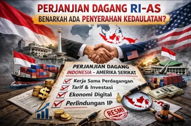 Ilustrasi perjanjian dagang RI–AS antara Indonesia dan Amerika Serikat dengan simbol perdagangan, dokumen resmi, dan bendera kedua negara.