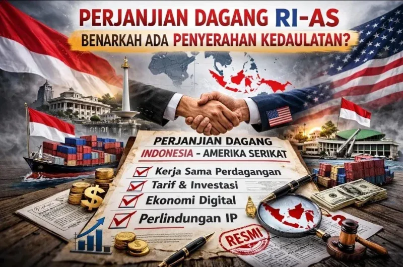 Ilustrasi perjanjian dagang RI–AS antara Indonesia dan Amerika Serikat dengan simbol perdagangan, dokumen resmi, dan bendera kedua negara.