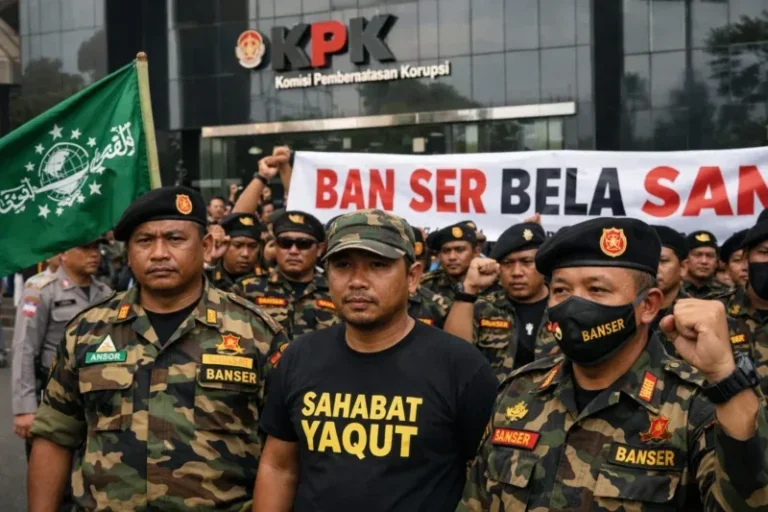 Anggota Banser berkumpul di depan gedung KPK saat proses hukum yang melibatkan Yaqut Cholil Qoumas.