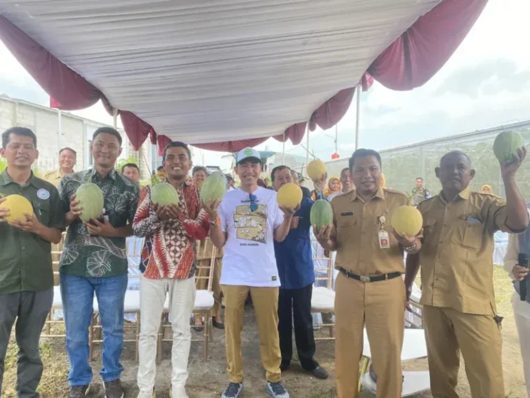 Wakil Bupati Kendal Benny Karnadi bersama pengelola BUMDes Mekar Jaya saat panen perdana 1.000 melon premium dari greenhouse di Desa Nolokerto, Senin (16/3/2026).
