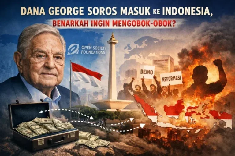Ilustrasi dana George Soros masuk ke Indonesia yang menampilkan simbol Open Society Foundations, peta Indonesia, dan dinamika sosial sebagai gambaran perdebatan antara tujuan filantropi dan isu pengaruh global.
