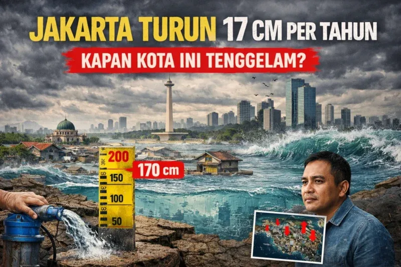 Ilustrasi kondisi Jakarta yang mengalami penurunan tanah hingga sekitar 17 cm per tahun akibat pengambilan air tanah berlebihan dan tekanan pembangunan di wilayah pesisir. Fenomena ini meningkatkan risiko banjir rob dan ancaman kota tenggelam di masa depan.