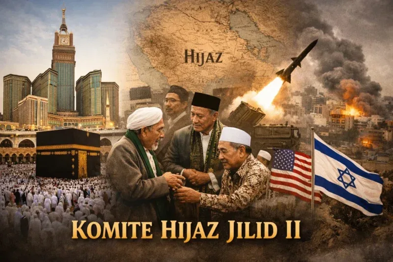 Ilustrasi Komite Hijaz Jilid II yang menggambarkan Tanah Haram, peran ulama, serta dinamika konflik Timur Tengah sebagai refleksi kemandirian umat Islam.