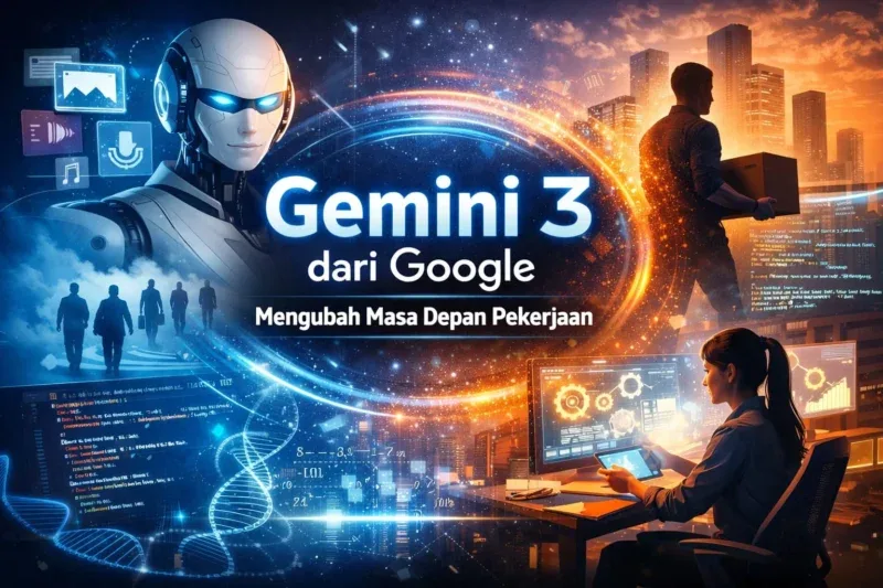 Ilustrasi visual Gemini 3 yang menggambarkan kolaborasi antara manusia dan kecerdasan buatan dalam mengubah masa depan pekerjaan, mulai dari analisis data hingga pengembangan teknologi digital.