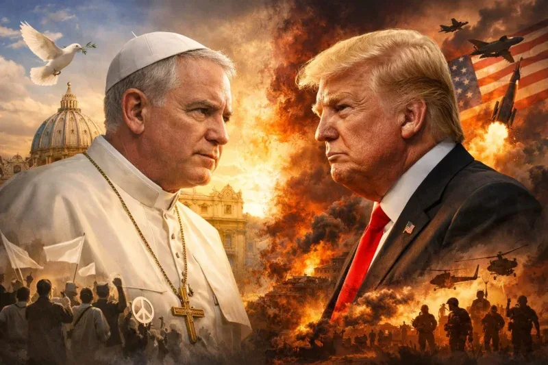 Ilustrasi ketegangan antara Paus Leo dan Donald Trump yang mencerminkan benturan antara pesan perdamaian dan kekuatan politik global.