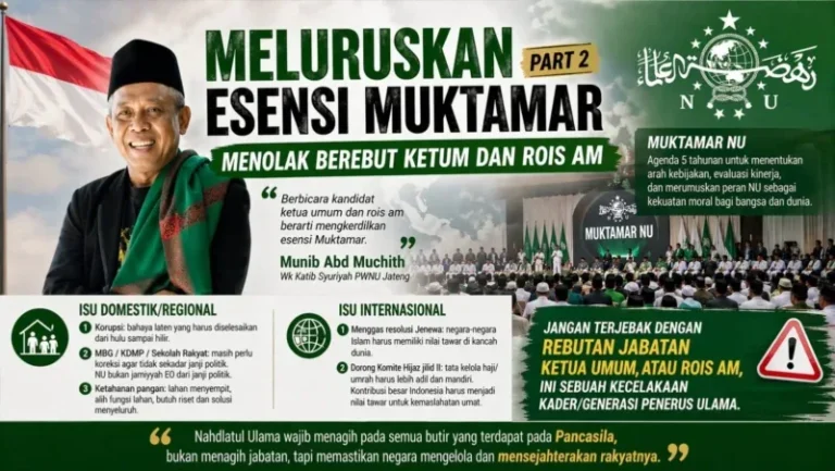 KH Munib Abd Muchith menyampaikan pandangan tentang pentingnya meluruskan esensi Muktamar NU agar tidak terjebak pada perebutan jabatan Ketua Umum dan Rois Am.