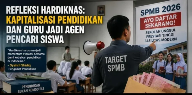 Ilustrasi refleksi Hari Pendidikan Nasional yang menyoroti fenomena kapitalisasi pendidikan, saat guru di sekolah swasta berperan ganda sebagai pendidik sekaligus agen pencari siswa dalam SPMB dengan iming-iming insentif.