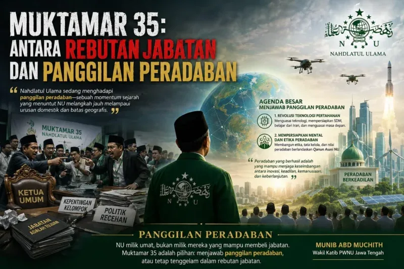 Munib Abd Muchith, Wakil Katib PWNU Jawa Tengah, menyampaikan gagasan tentang “Panggilan Peradaban” dalam menghadapi Muktamar 35 Nahdlatul Ulama di tengah tantangan global, perkembangan teknologi, dan dinamika perebutan jabatan di tubuh organisasi.