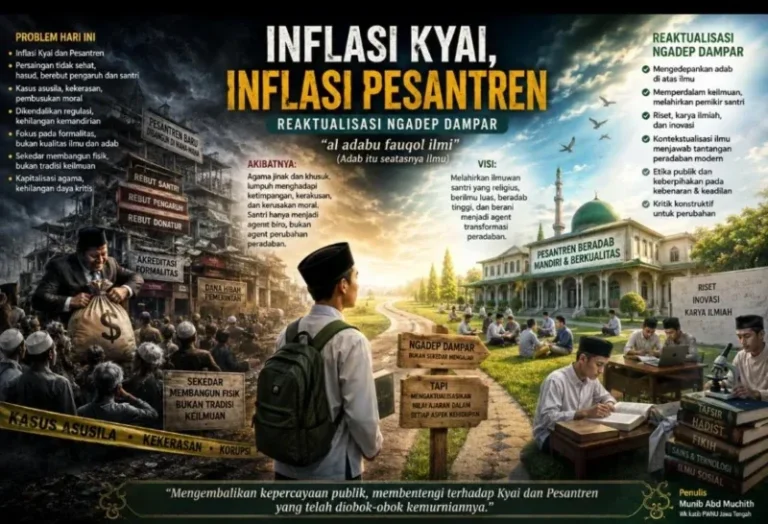 Ilustrasi reaktualisasi makna ngadep dampar di tengah fenomena “inflasi kyai” dan “inflasi pesantren”, antara krisis moralitas, formalitas pendidikan, serta harapan lahirnya tradisi keilmuan santri yang beradab, kritis, dan transformatif.