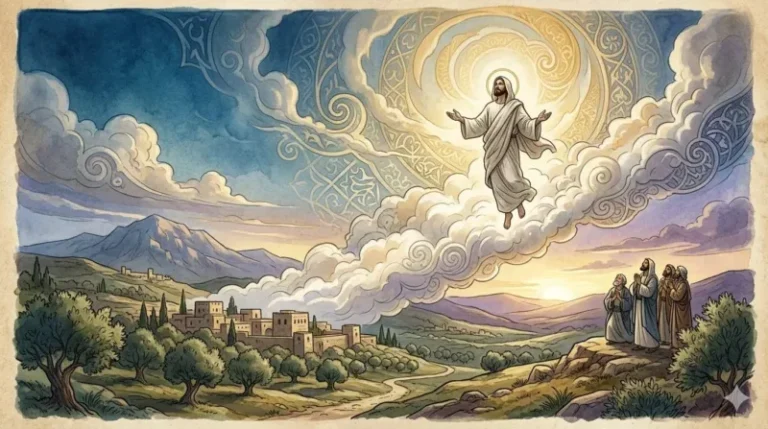 Ilustrasi spiritual yang menggambarkan momen sakral Nabi Isa AS, Sang Ruhullah yang Diangkat ke Langit, disaksikan para pengikutnya di bumi.