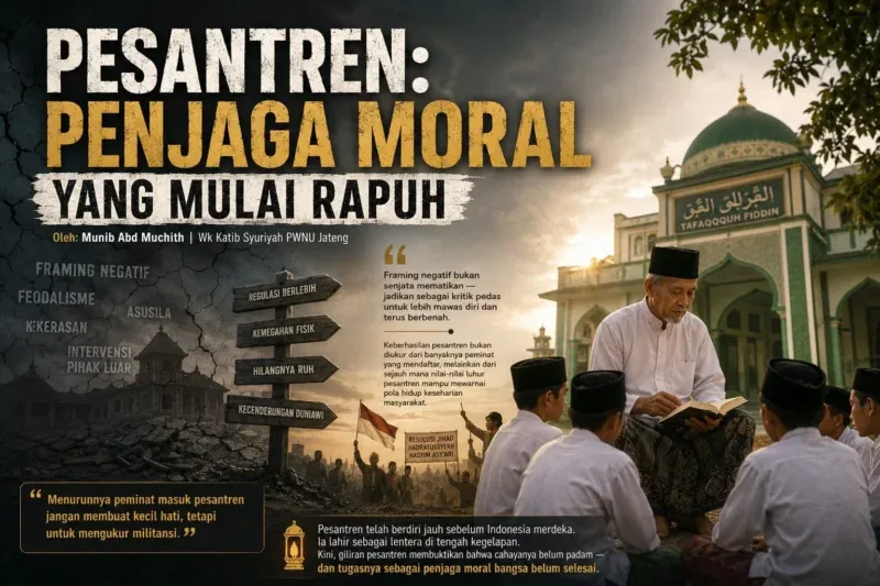 Ilustrasi suasana pesantren sebagai benteng moral bangsa di tengah tantangan zaman, menampilkan kyai bersama santri dengan latar simbol perubahan dan keteguhan nilai-nilai pesantren.