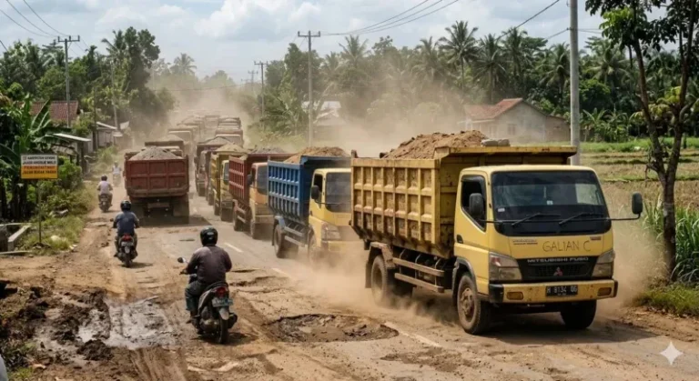 Warga menanti aksi nyata Satgas MBLB Kendal untuk menertibkan hilir mudik dump truck galian C yang merusak jalan dan menebar debu pekat ini.