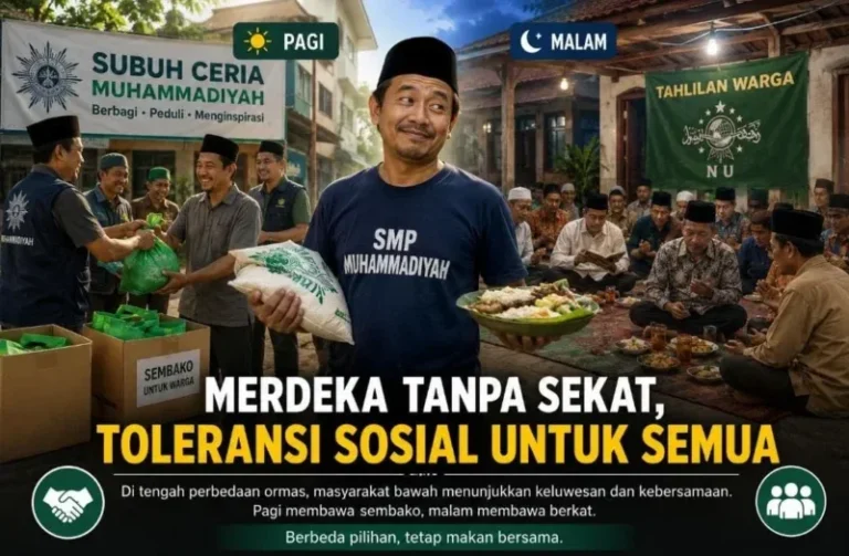 Ilustrasi warga mengikuti kegiatan sosial dan keagamaan dari dua organisasi berbeda sebagai gambaran toleransi, kebersamaan, dan kerukunan di tengah perbedaan.