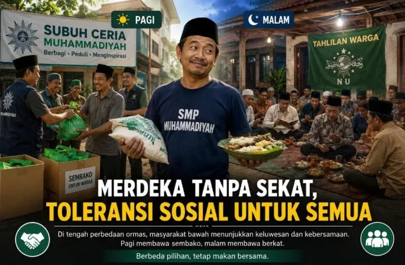 Ilustrasi warga mengikuti kegiatan sosial dan keagamaan dari dua organisasi berbeda sebagai gambaran toleransi, kebersamaan, dan kerukunan di tengah perbedaan.